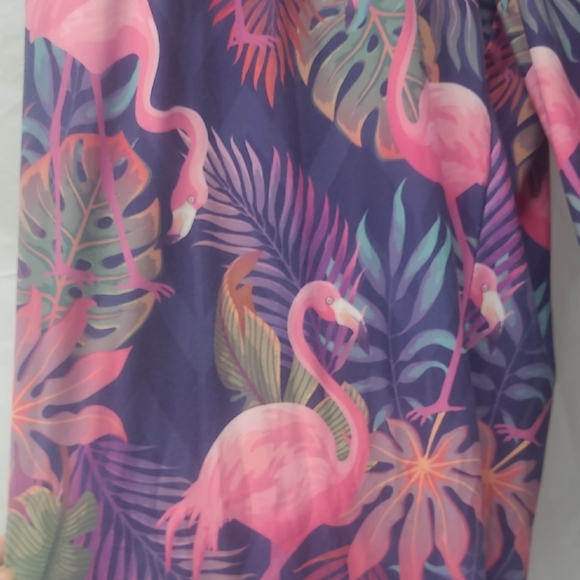 Flamingo Print Loungewear Pants w Pockets Relaxed Fit Straight Leg High Waisted - Picture 2 of 12